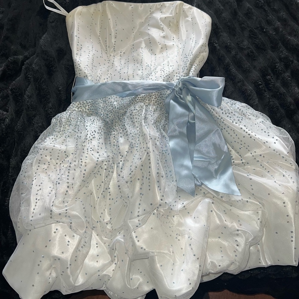 Jessica McClintock White Dress with Blue Sash